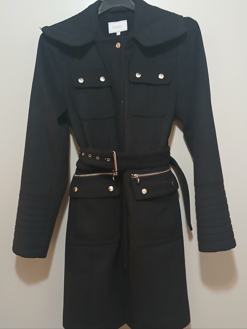 Laundry By Shelli Segal Black Belted Trench Coat with Gold Hardware Size Large